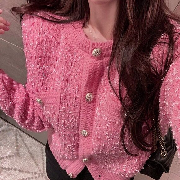 Pink Casual Women's Double Pocket Crew Neck Cardigan Tops - Picture 3 of 5